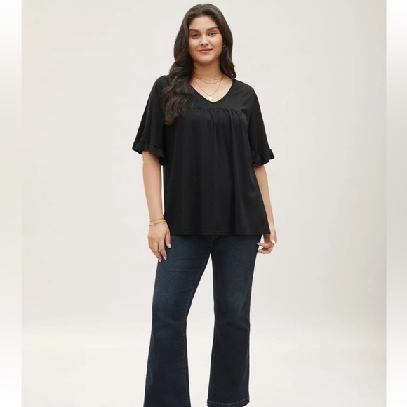 BloomChic Plus Size 4XL Solid Gathered Ruffle Trim Flounce Sleeve T-shirt us26 - Picture 6 of 7